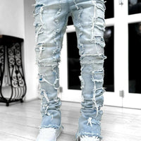 Men's Regular Fit Stacked Jeans Ripped Slim Fit Patch Distressed Destroyed Straight Denim Pants Hip Hop Streetwear Trouser Cloth