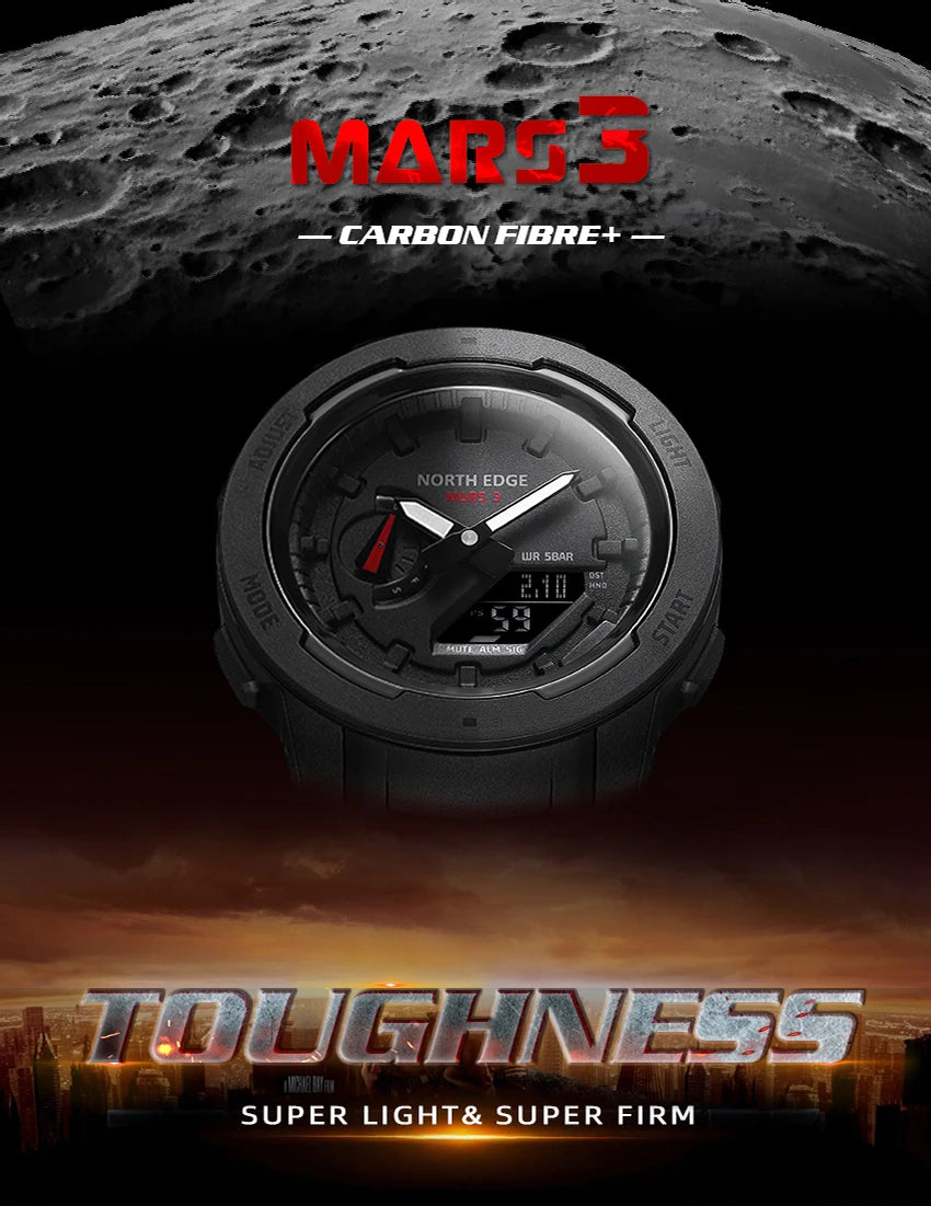 NORTH EDGE Mars3 Men's Military Watch Digital Carbon Fiber Case For Man Waterproof 50M Sports Watches World Time