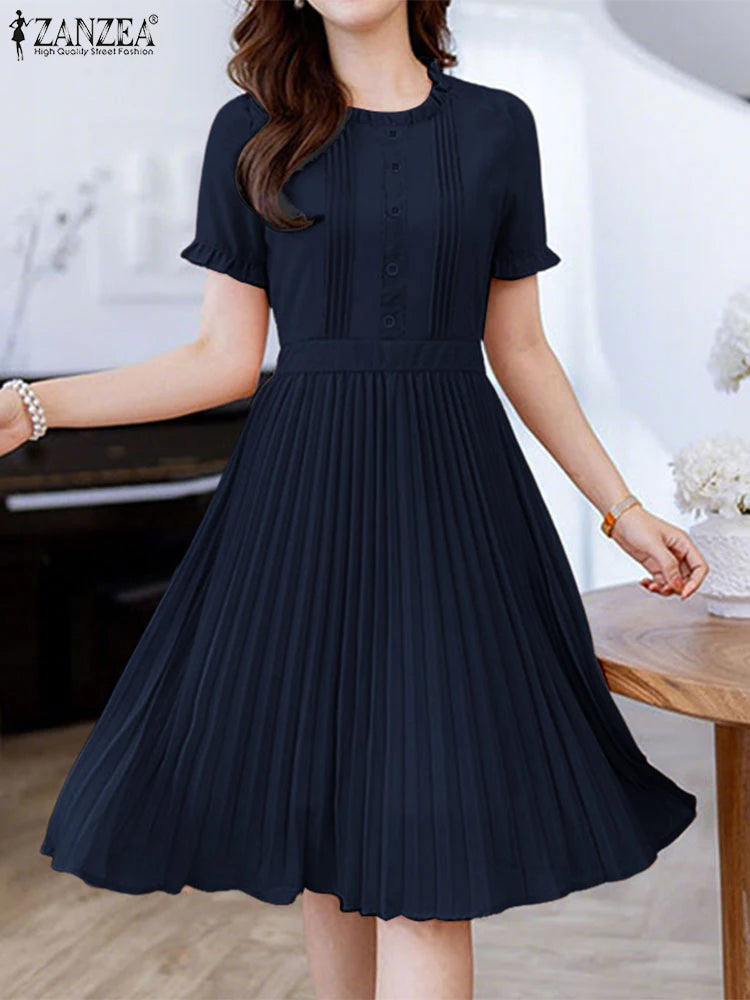 2025 ZANZEA Elegant Women Midi Dresses Summer Office Work Dress Short Sleeve O Neck Party Vestidos Pleated Sundress Robe Femme