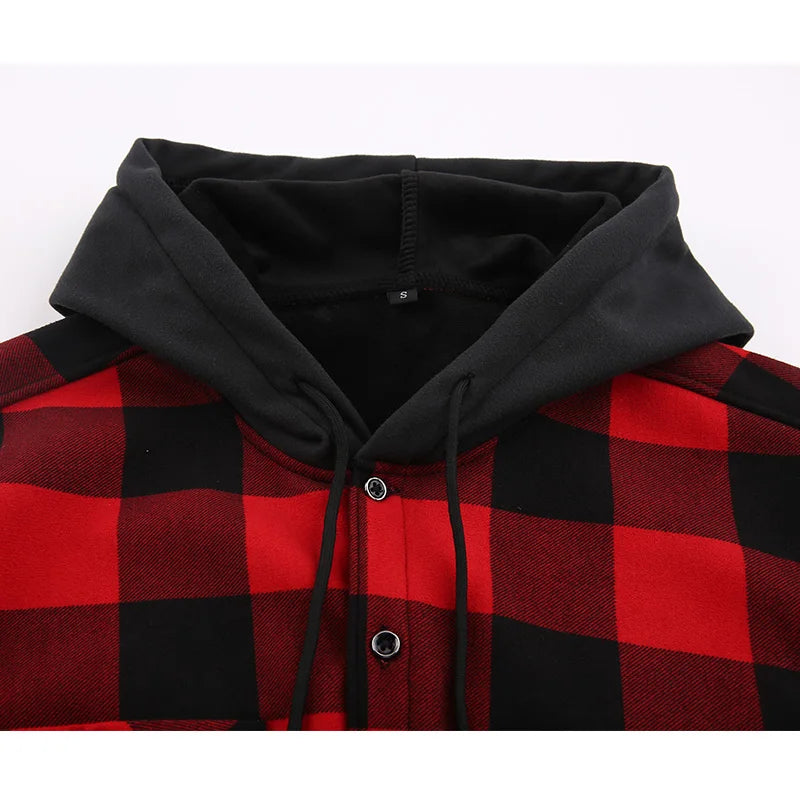 Fashion korean popular clothes winter Adding velvet and thickening long-sleeve shirts for men casual Hooded jacket plaid tops