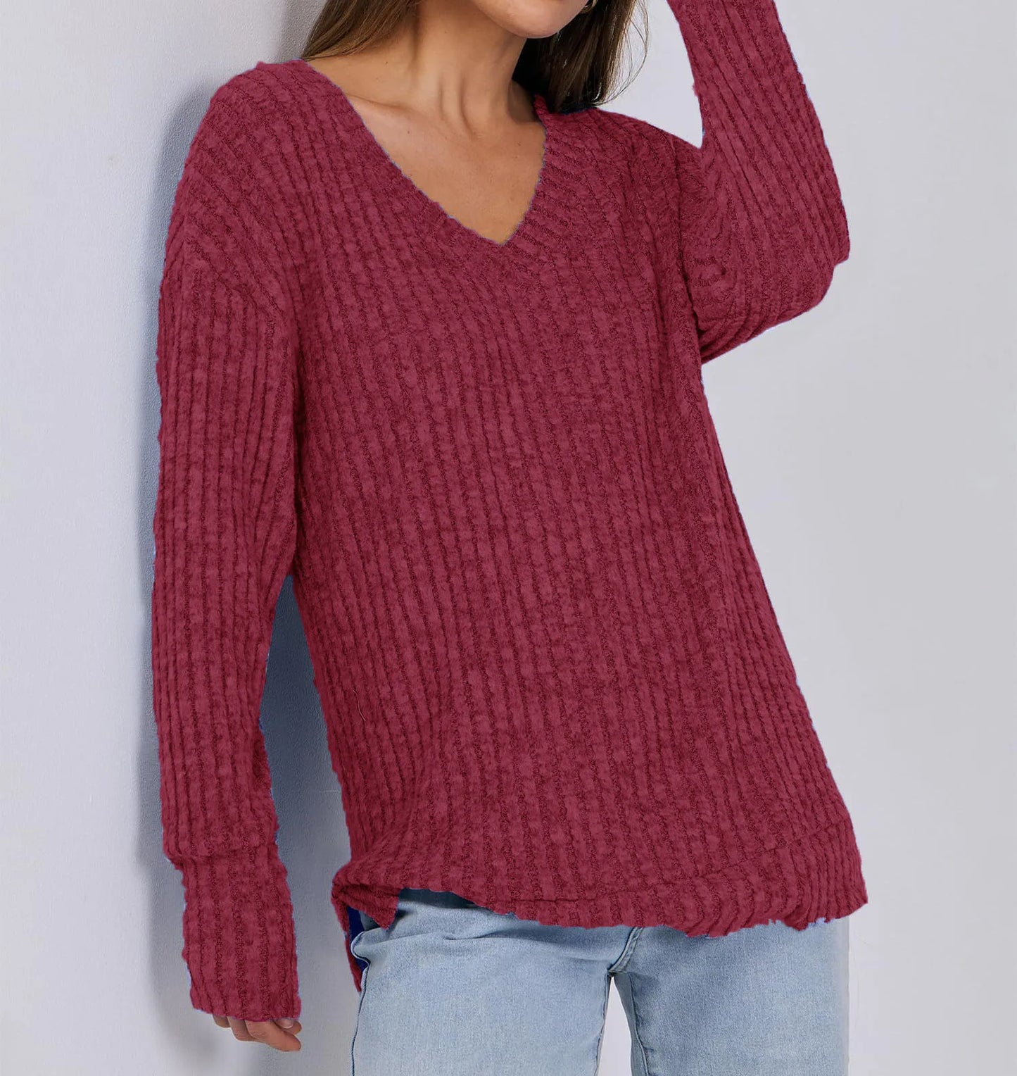 Women's Long Sleeve V-Neck T-Shirt Pit Stripe Milled Fashion Temperament Top