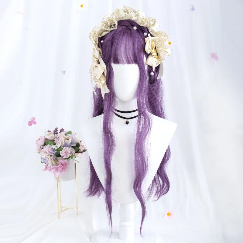 VICWIG Synthetic Hair Long Wavy Purple Green Black Blue Brown Cosplay Wig with Bangs for Women