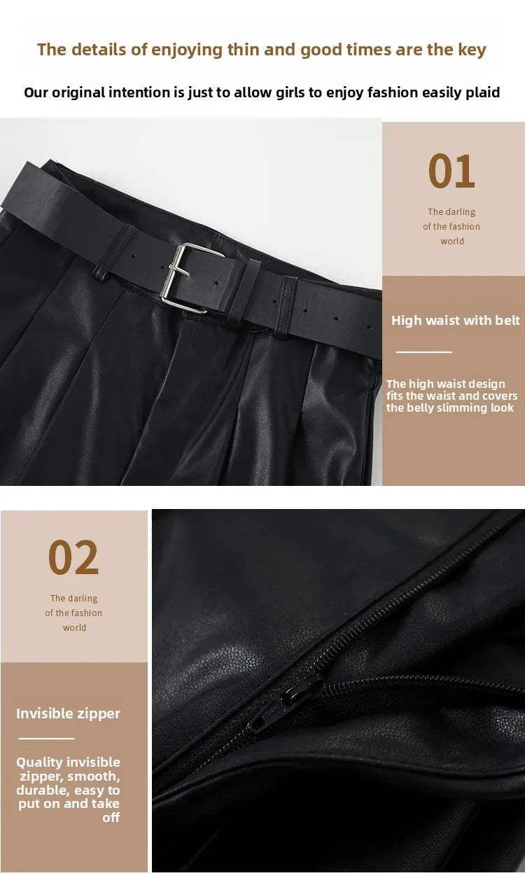 High Waist Wide Leg PU Leather Pants Women's Suit Casual Floor Length Trousers Autumn Winter New Style Loose Fit Long Pants