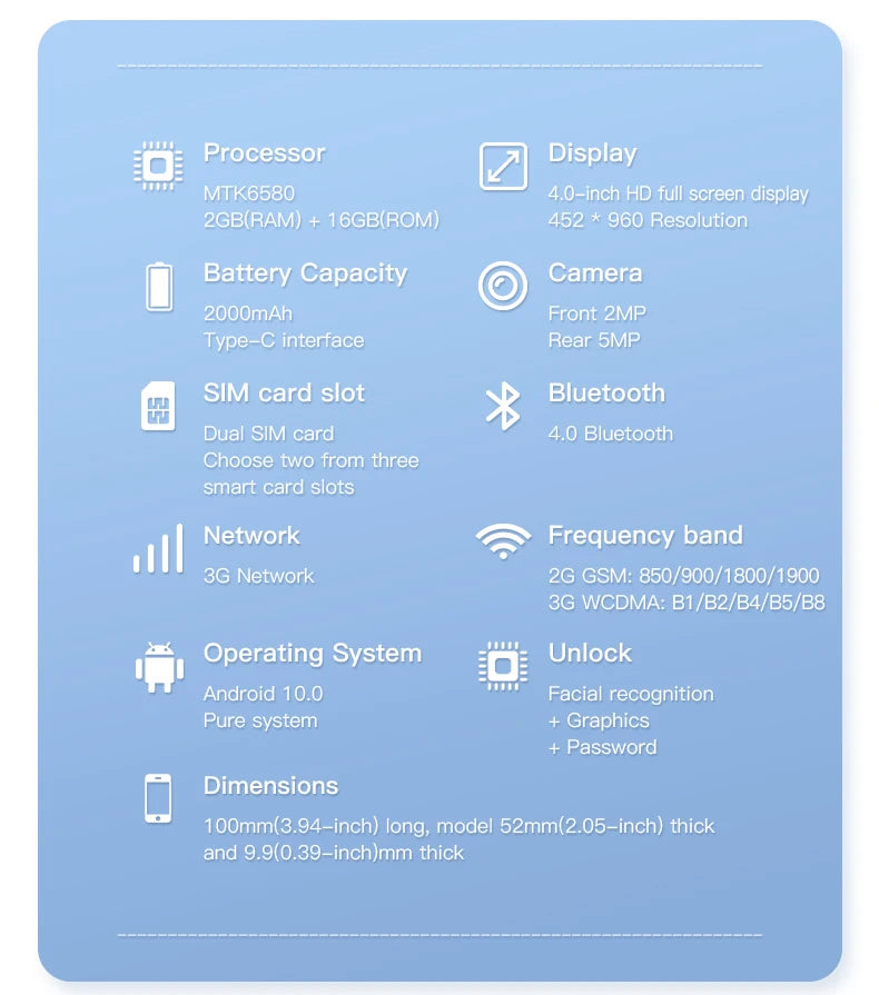 ONEMYTH S25 Pro 4.0" Mini Smartphone 2GB RAM 16GB ROM Android10.0 Face Recognition Unlock 2000mAh 3G Small Mobile Phone