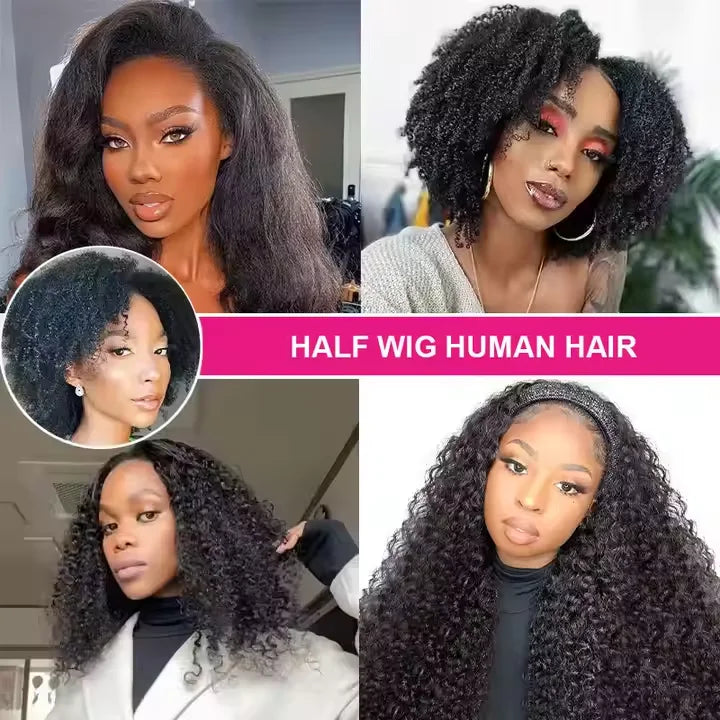 300% Glueless Wigs Human Hair Afro Kinky Curly Headband Wig Upgrade 3 IN 1 Half Wig With Drawstring Seamless Clip Ins Flip Over