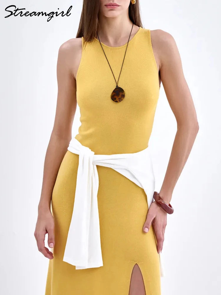 Knit Sleeveless Dresses For Women Long Elegant White High Slit Dress Bodycon Ladies Office Skinny Maxi Tank Rib Dress Female