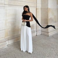 Fashion Contrast Women's V-neck Sling Long Dress For Women Elegant Pleated Backless Sleveless Maxi Dresses Lady Evening Vestidos