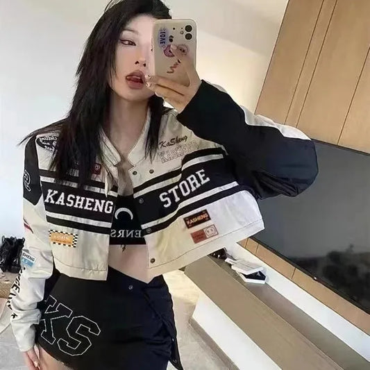 Vintage American Racing Motorcycle Baseball Jacket Outerwear Women's Autumn Thin Detachable Couple Set Stand Collar Full Sleeve