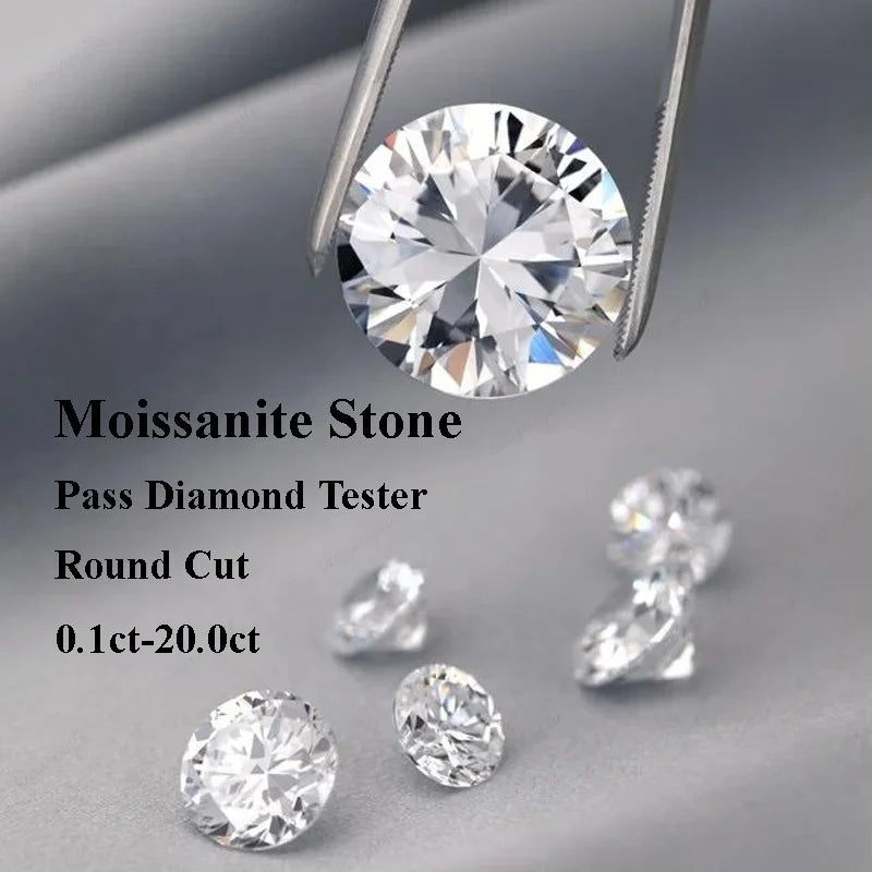 Moissanite Stone Real D Color Round Cut 0.1-20ct VVS1 Loose Gemstones for Jewelry Making Pass Diamond Tester with Certificate