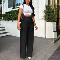 Autumn Casual High Waisted Pants Women Chic Fashion Solid Button Pocket Straight Leg Wide Leg Casual Pants Women