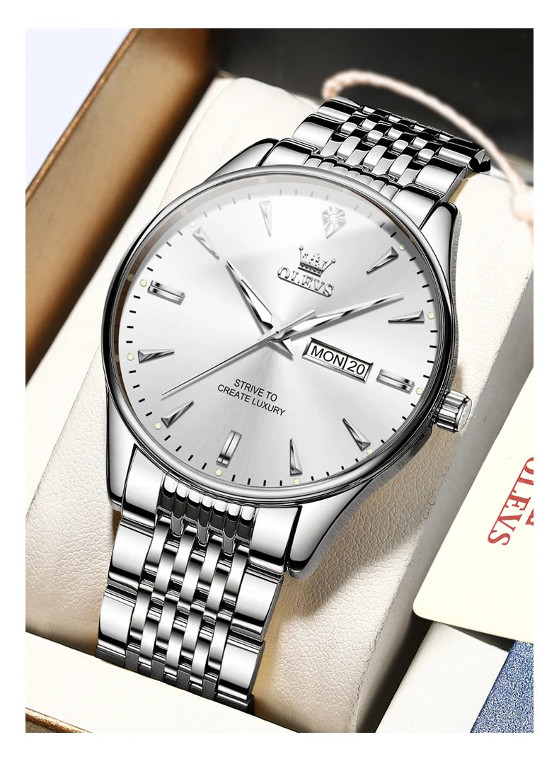 OLEVS Men's Watches Fashion Simple Calendar Week Luminous Waterproof  Steel Strap Man Watch Original Quartz Watches for Men 2929
