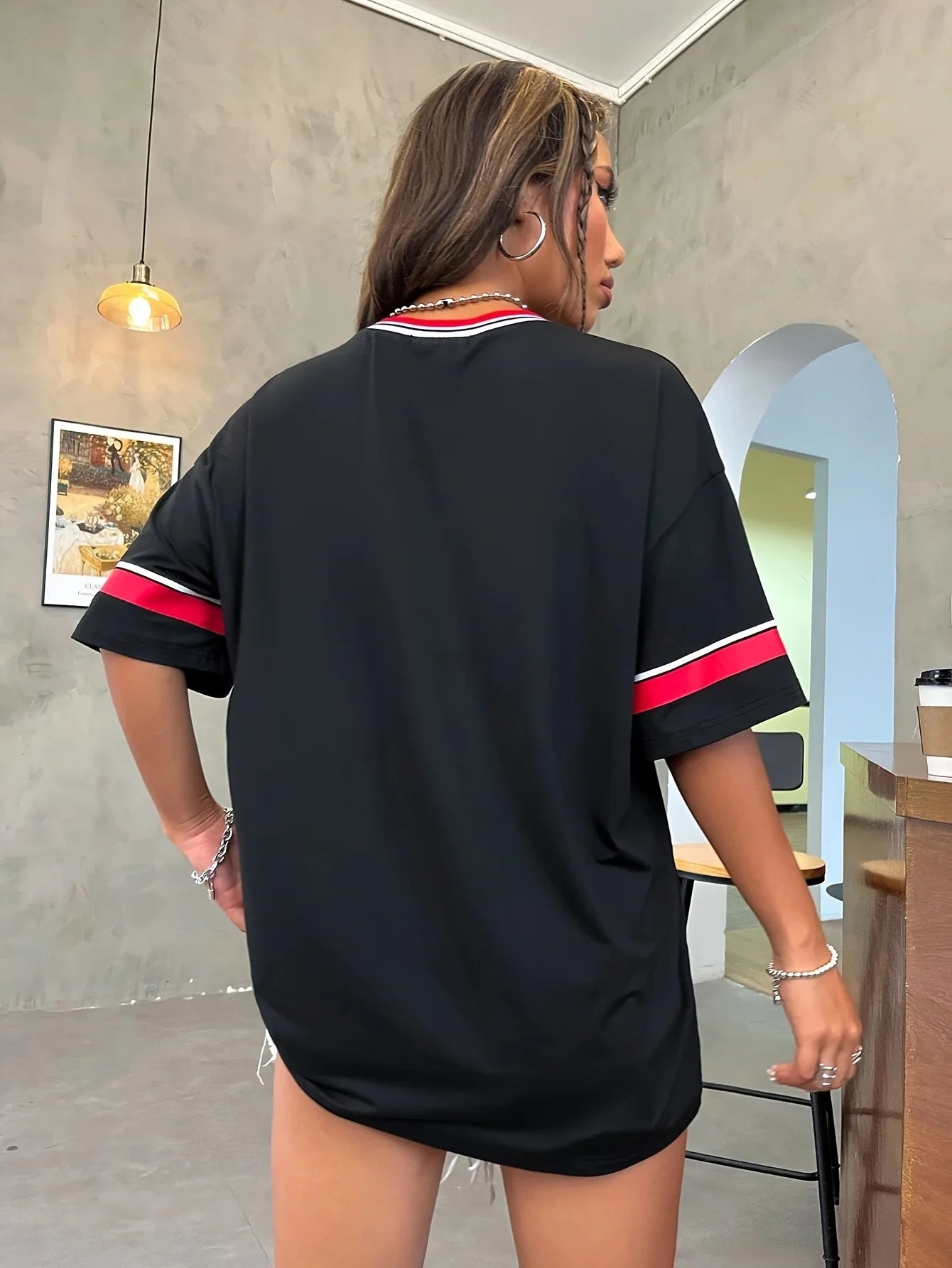 Women's Large Printed T-shirt Los Angeles 91 Letter Short Sleeve V-neck Loose Street Wear Sports Jersey Spring/Summer Tshirt Top