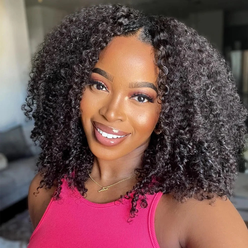 Beginner Friendly 3 In 1 Half Wig Human Hair Kinky Curly Coily Half Wig Invisible Drawstring Glueless Curly Flip Over Wig 180%