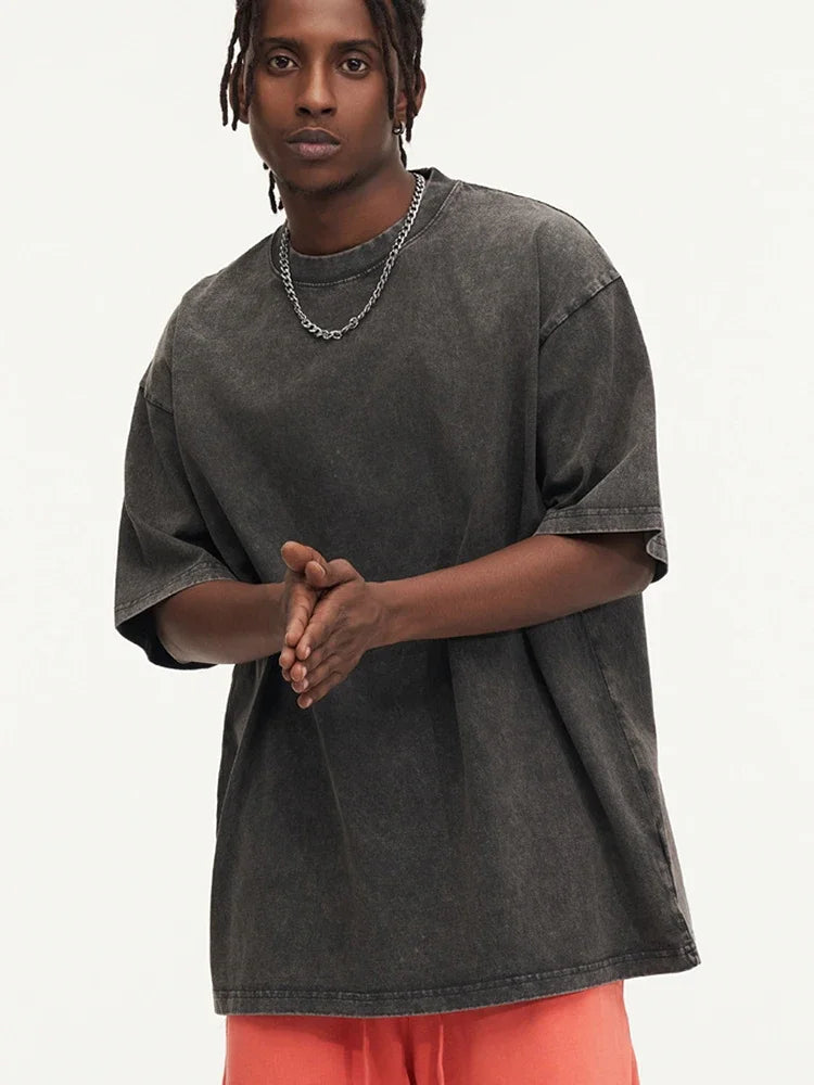 Summer men's washed T-shirt women's cotton loose round neck oversized T-shirt men's Korean Y2k top casual retro