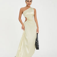 Women Elegant Long Dress Summer Sleeveless One-shoulder Pleated Hollowed Irregular Dress for Cocktail Party Beach Sundress Y2K