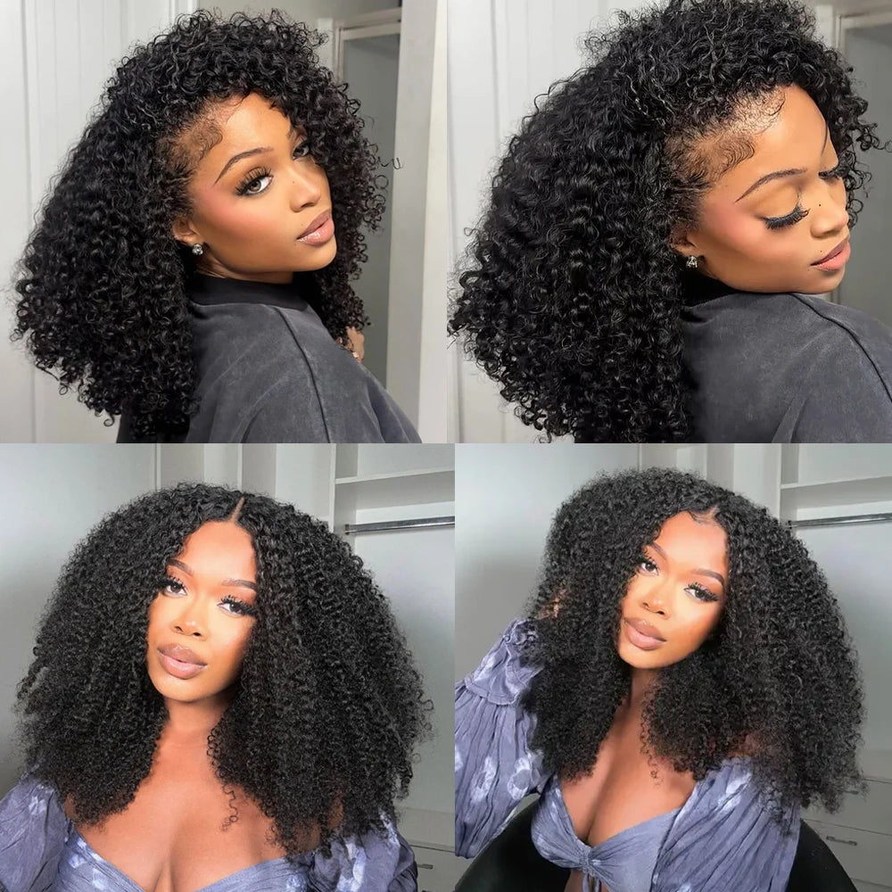 Beginner Friendly 3 In 1 Half Wig Human Hair Kinky Curly Coily Half Wig Invisible Drawstring Glueless Curly Flip Over Wig 180%