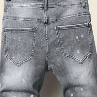 Men's slim fit ripped long denim pants, tight jeans with pockets, side straps, and zippers, men's jogging pants, ripped stretch