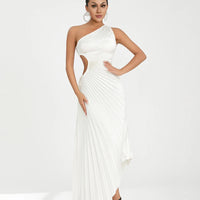 Women Elegant Long Dress Summer Sleeveless One-shoulder Pleated Hollowed Irregular Dress for Cocktail Party Beach Sundress Y2K