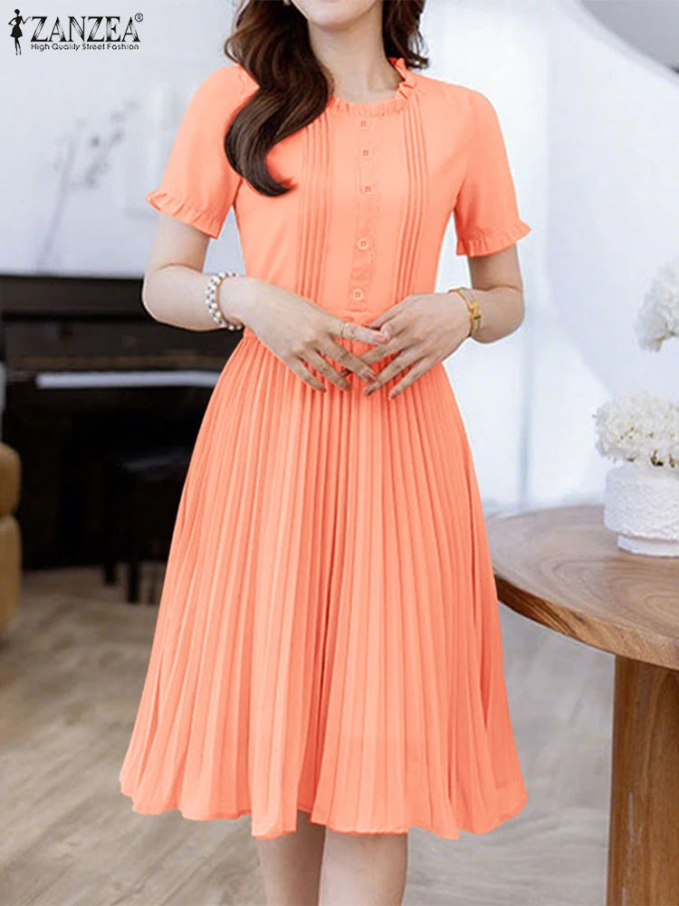 2025 ZANZEA Elegant Women Midi Dresses Summer Office Work Dress Short Sleeve O Neck Party Vestidos Pleated Sundress Robe Femme