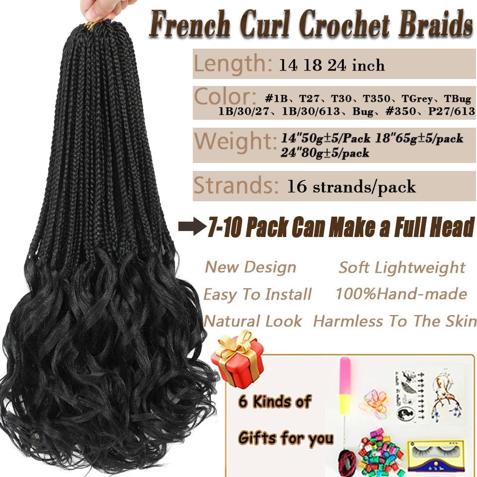 14 18 24 Inch French Curl Box Braids Crochet Hair Ombre Brown to Blonde Prelooped Synthetic French Curls Braiding Hair for Women