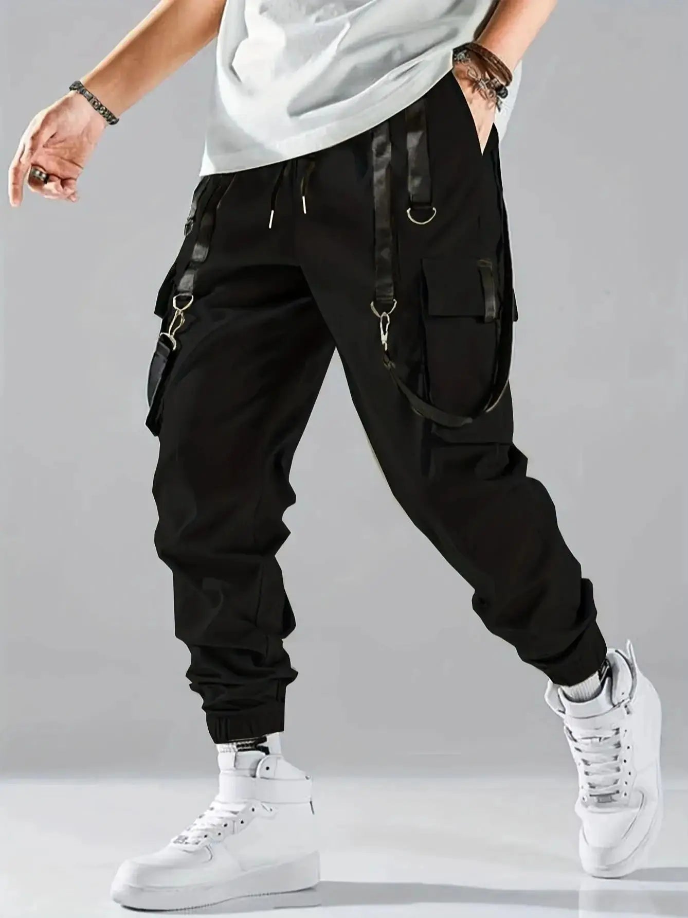 Fashion Men's Casual Techwear Drawstring Multi Flap Pockets Cargo Pants Hip hop Joggers Pant