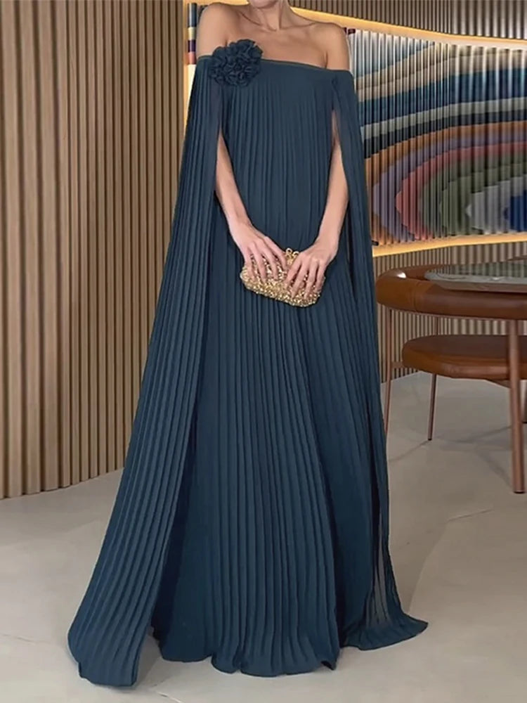 Beautyblue Women's Evening Dresses Elegant Maxi Dresses Loose Gauze Pleated Solid Color Tiered Off-The-Shoulder New Female Robe