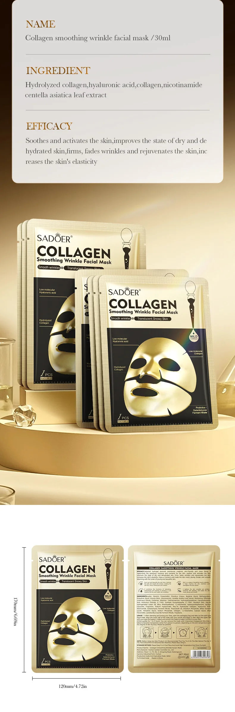 SADOER Golden Collagen Facial Masks Moisturizing Anti-Aging Anti Wrinkles Face Mask Sheet Collagen Masks Skin Care Product
