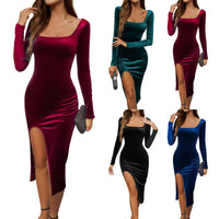 Women's Sexy Fashion Elegant Comfortable Temperament Casual Solid Color U-neck Slit Dress Slimming Long Sleeve Party Skirt