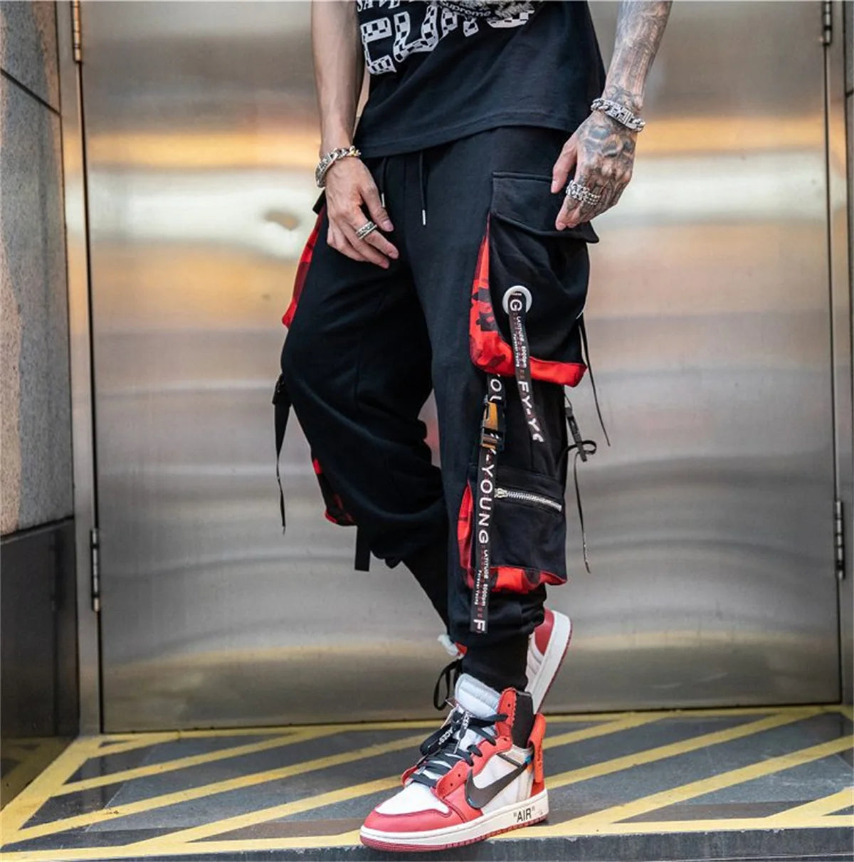 Cool Black Hip Hop Cargo Pants Gothic High Srteet Sweatpants With Pockets Korean High Wast Casual Outwear Pants Men Streetwear