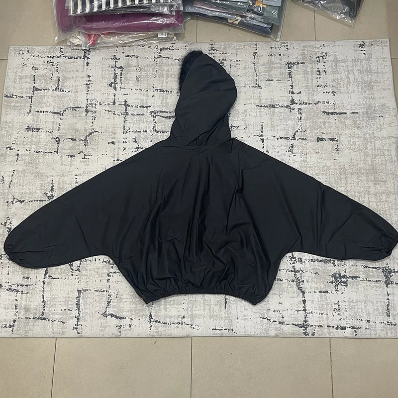 Men Women Oversized Poster Style Black Fur Collar Vultures YZY Kanye Hoodie Top Quality Nylon Nylon Woven Windproof Pullover