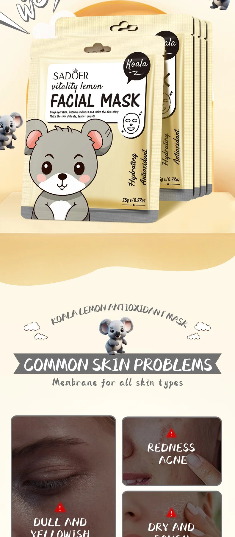 5pcs SADOER Cartoon Fresh Fruit Facial Mask Anti Wrinkle Moisturizing Soothing Brightening Hydrating Face Mask Skin Care