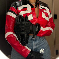 Women's Red Faux Leather Bomber Jacket - Zipper Short Coat for Christmas/New Year Party & Casual Outfits