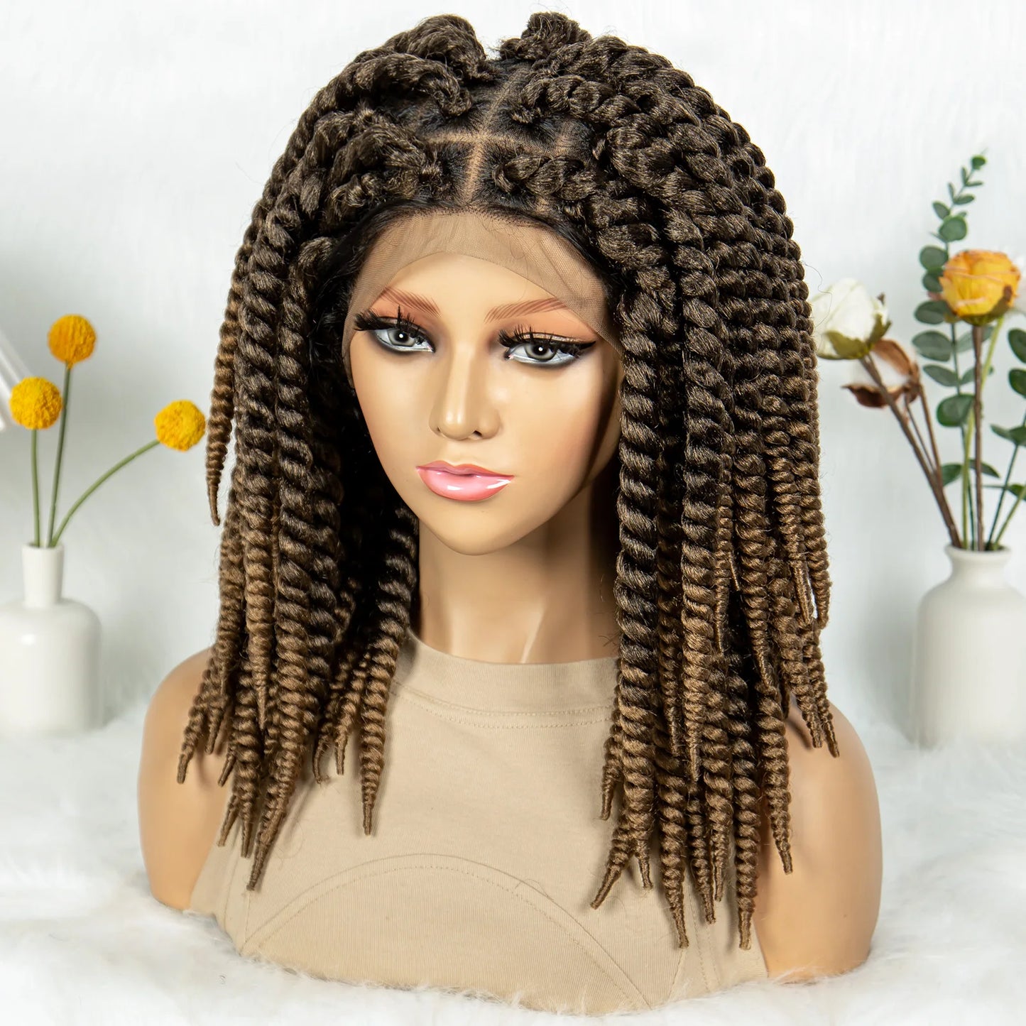 16" Full Lace Twisted Braided Wigs for Black Women Synthetic HD Lace Front Braids Wigs with Baby Hair Natural Lace Braiding Wigs