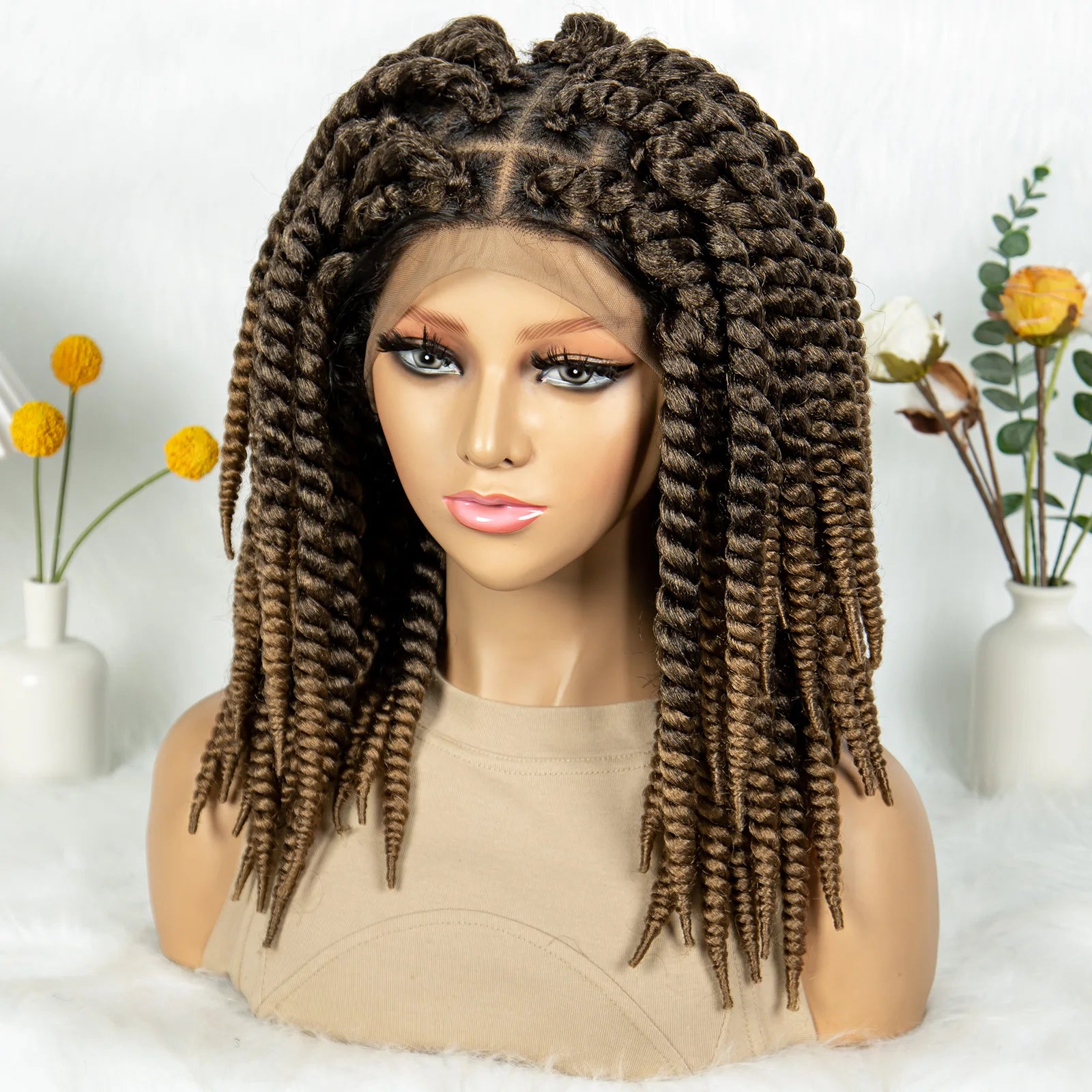 16" Full Lace Twisted Braided Wigs for Black Women Synthetic HD Lace Front Braids Wigs with Baby Hair Natural Lace Braiding Wigs