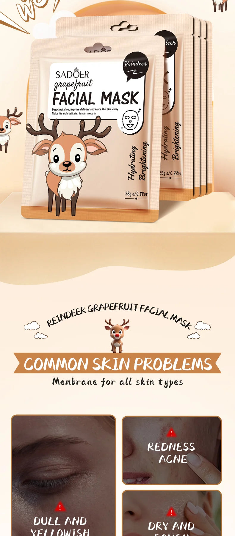 5pcs SADOER Cartoon Fresh Fruit Facial Mask Anti Wrinkle Moisturizing Soothing Brightening Hydrating Face Mask Skin Care