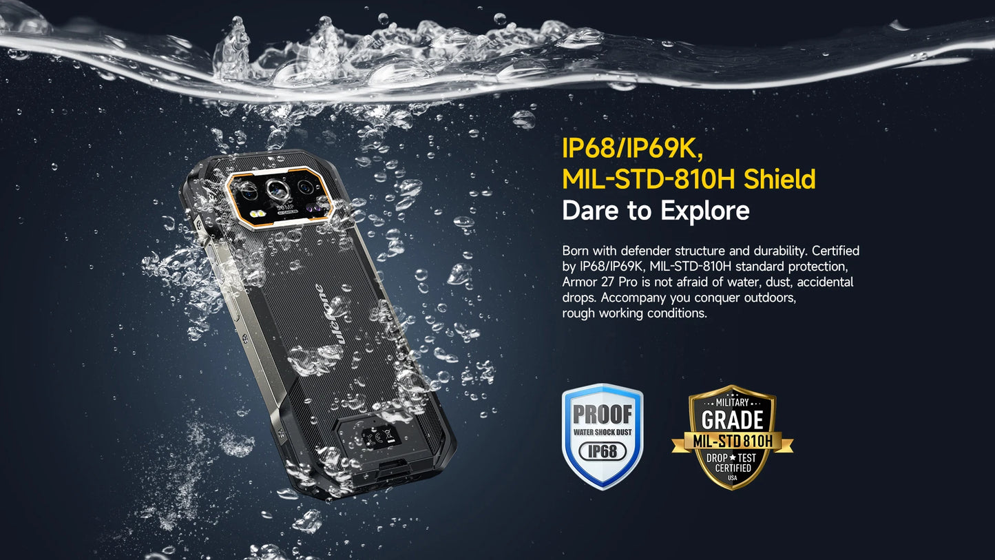 Ulefone Armor 27 Pro 5G Rugged Phone 10600mAh Smartphone 50MP Camera 64MP Night Android 14 Up to 24GB+256GB NFC Waterproof Phone