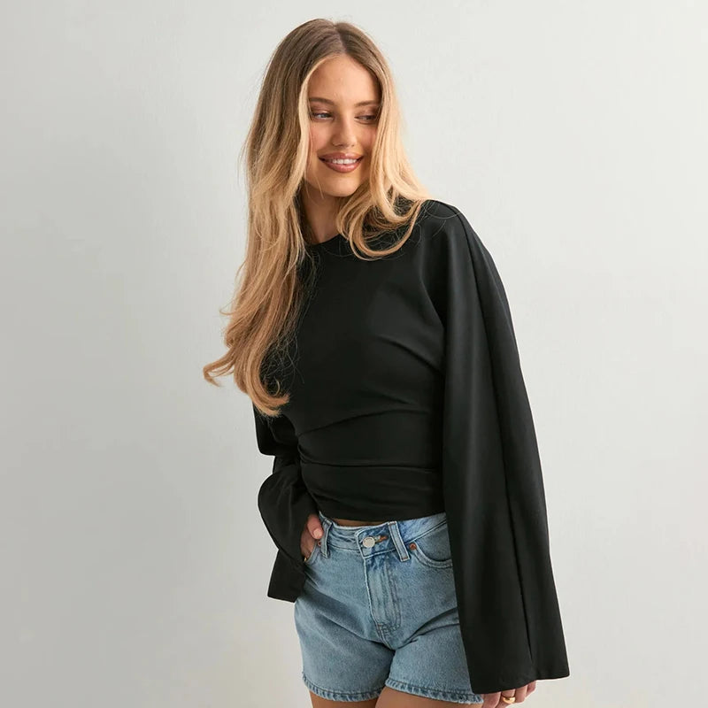 CUTENOVA Women Solid Color Round Neck Front Shoulder Wide Long Sleeves Cinched Waist Slim Top Daily Casual Simple Versatile Tops