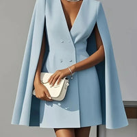 Women Fashion Commuter Solid Blazers Dress Office Double Breasted Waist Party Dress Elegant V-neck Shawl Cape Sleeve Midi Dress