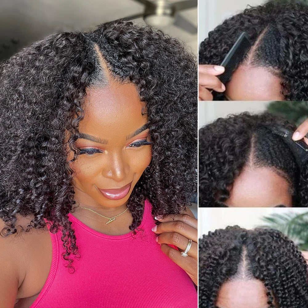 Kinky Curly V Part Wig Human Hair No Leave Out Thin Part Malaysian Hair Wigs for Women 250 Density Afro Curly V/U Part Wig 100%