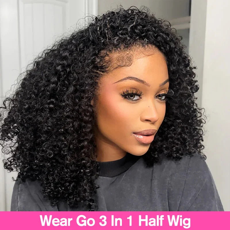 Kinky Curly Half Wig Human Hair Glueless Wear Go Wig 4C Afro Kinky Curly Headband Wig 3 IN 1 Half Wig Flip Over Clip Ins Wig