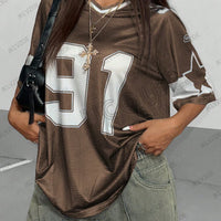 Summer New Black Speed 91 Print T-Shirt For Women V-Neck Patchwork Short Sleeve Sports Football Jersey Y2K Loose Oversized Tops