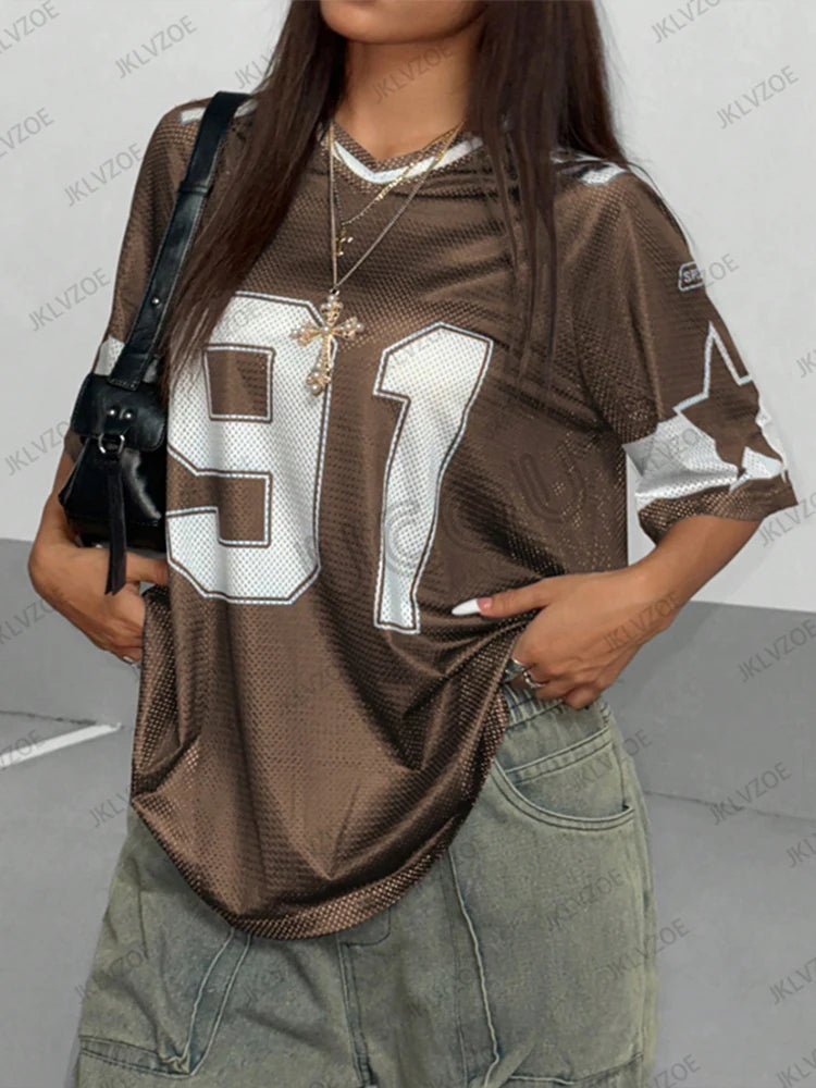 Summer New Black Speed 91 Print T-Shirt For Women V-Neck Patchwork Short Sleeve Sports Football Jersey Y2K Loose Oversized Tops