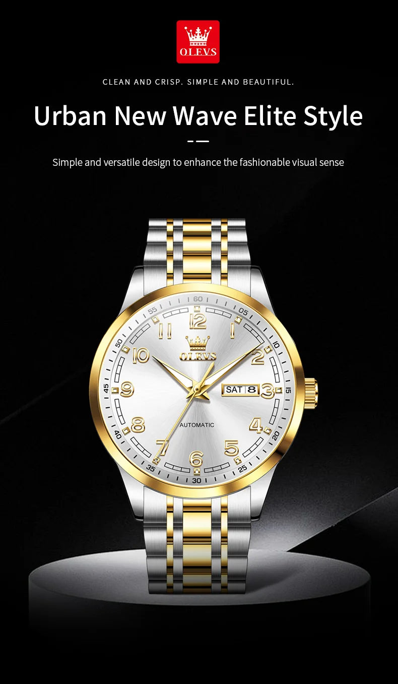 OLEVS Men Watches 7077 Luxury Fashion Top Brand Original Automatic Mechanical Watch for Man Double Scale Simple Trend Waterproof