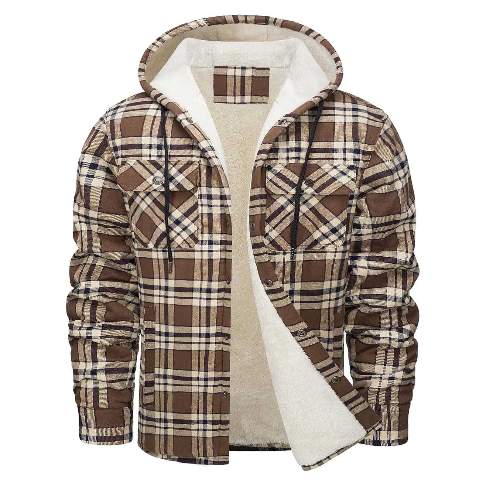 Thick Warm Flannel Hooded Jacket Mens Sherpa Fleece Lined Winter Coats Button Down Fashion Casual Plaid Shirt Jacket With Pocket