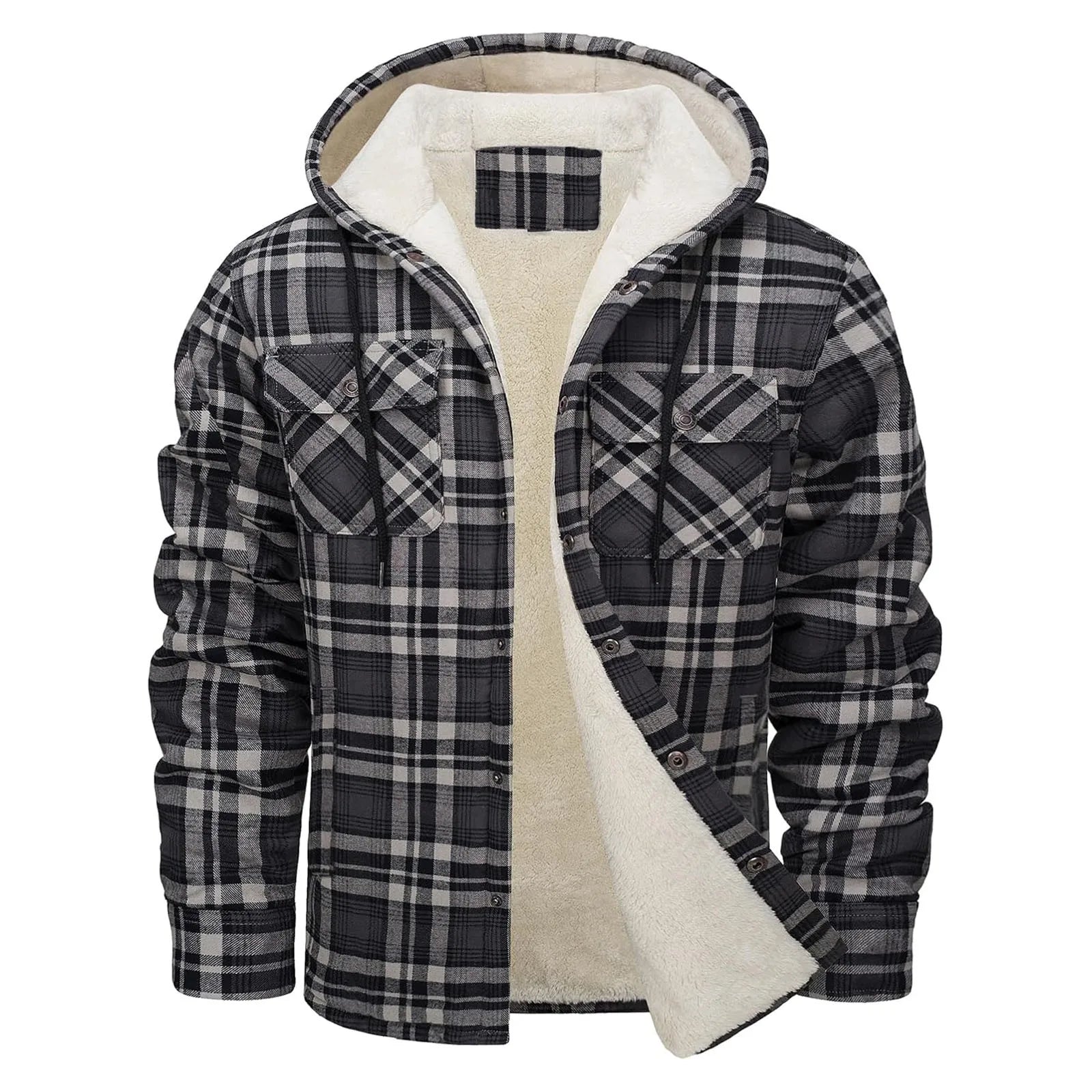 Thick Warm Flannel Hooded Jacket Mens Sherpa Fleece Lined Winter Coats Button Down Fashion Casual Plaid Shirt Jacket With Pocket