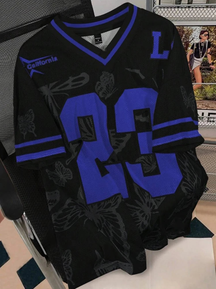 Summer Fashion Butterfly 23 Print TShirt For Women V-Neck Mesh Hole Short Sleeve Sports Football Jersey Y2K Loose Women Clothing