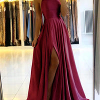 Elegant Women Maxi Beach Satin Dress Sexy Leg Slit Lace up Evening Prom Gown Adjustable Straps Bridesmaid Dresses
