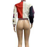 Winter Fall Jacket For Women Coat Trend O Neck Buttons Cropped Top Jacket Patchwork Baggy Blue Female Outerwear varsity jacket