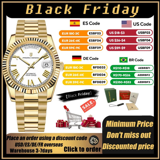 PAGANI DESIGN New Gold Color 36mm Dial Man watch ST16 Movt Week Calendar Type Watch Sapphire Luxury Mechanical All Steel Clock