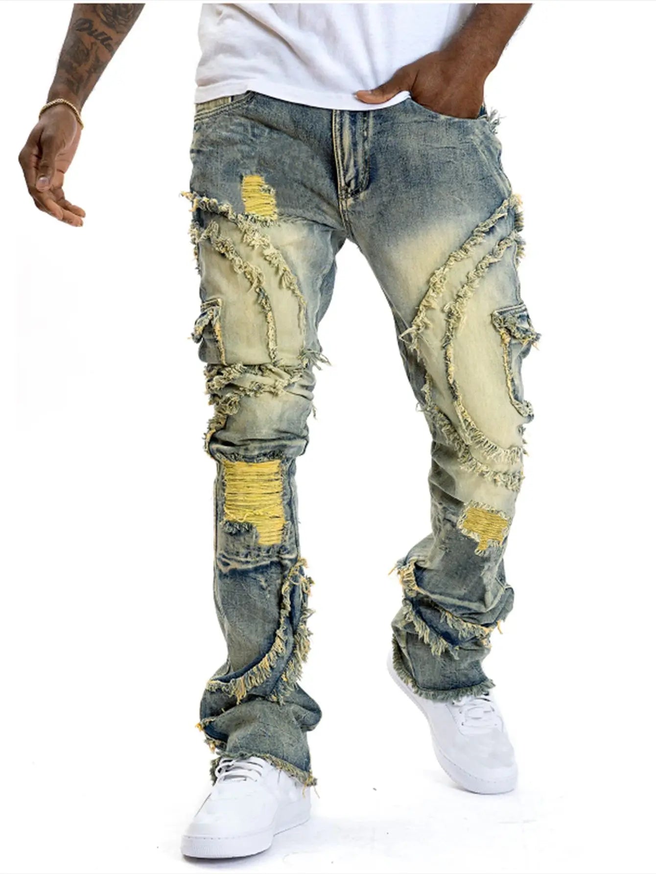 2025 New European and American men's casual jeans, street punk fashion, retro, ripped hole, slightly flared tassel elastic jeans